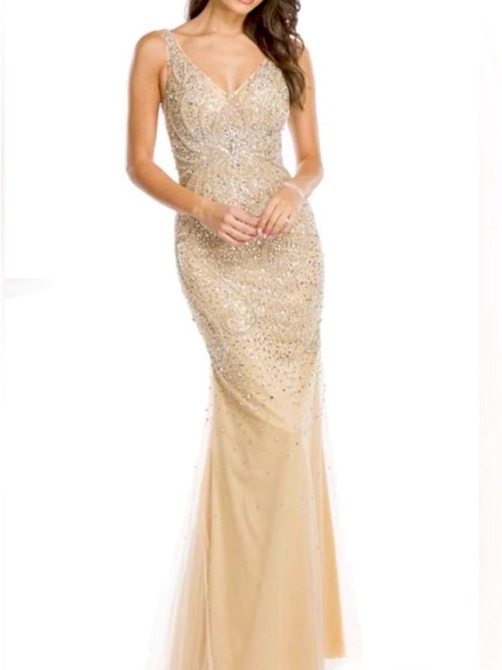 Embellished Champage/Golf with V-Neck evening gown in very good condition.